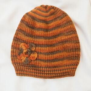 Super Cute Knit Autumn Fall Orange  Color Beanie Hat With Flower